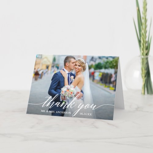 Calligraphy Wedding Bride Groom Photo W Fold Thank You Card