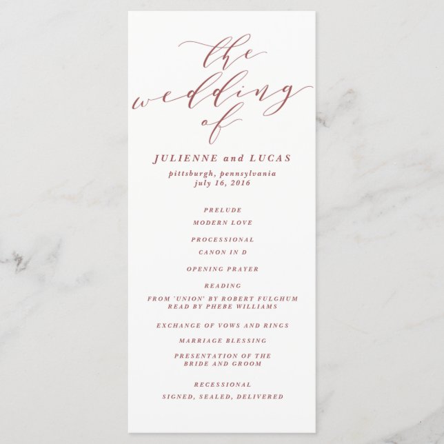 Calligraphy Wedding Ceremony Progam | Burgundy Program (Front)