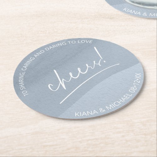 Calligraphy Wedding Cheers Dusty Blue ID771 Round Paper Coaster