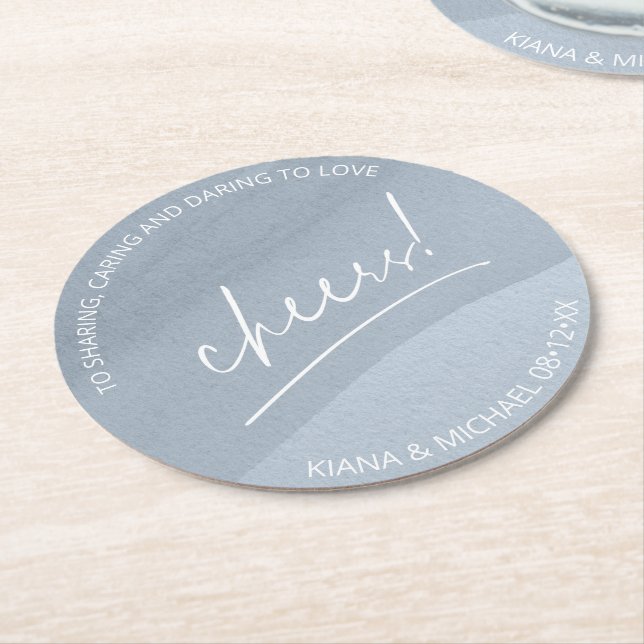 Calligraphy Wedding Cheers Dusty Blue ID771 Round Paper Coaster (Angled)