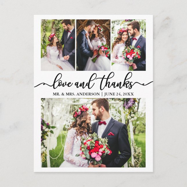 Calligraphy Wedding Collage Love Thanks 4 Photo Postcard (Front)