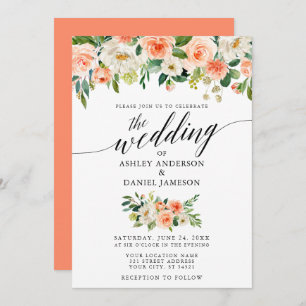 Calligraphy Wedding Coral Floral W Invitation