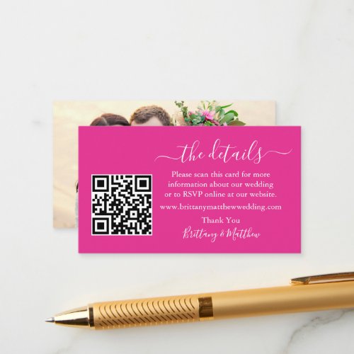 Calligraphy Wedding Details Web QR Photo Hot Pink Enclosure Card