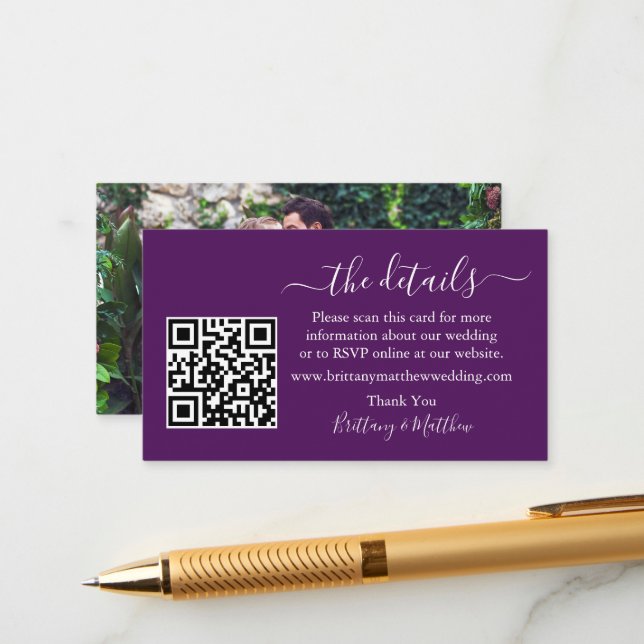 Calligraphy Wedding Details Web QR Photo Purple Enclosure Card (Front/Back In Situ)