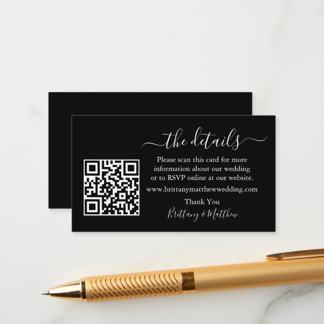 Calligraphy Wedding Details Website QR Black Enclosure Card (Front/Back In Situ)