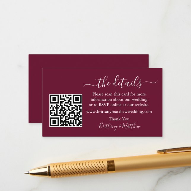 Calligraphy Wedding Details Website QR Burgundy Enclosure Card (Front/Back In Situ)