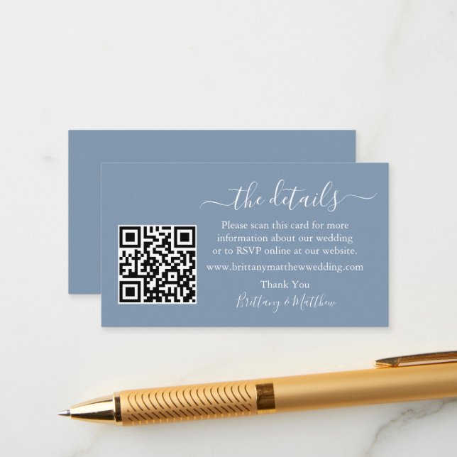 Calligraphy Wedding Details Website QR Dusty Blue Enclosure Card (Front/Back In Situ)