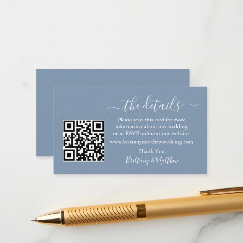Calligraphy Wedding Details Website QR Dusty Blue Enclosure Card