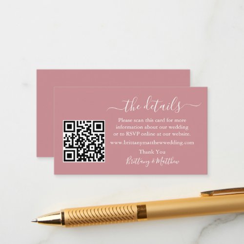 Calligraphy Wedding Details Website QR Dusty Rose Enclosure Card