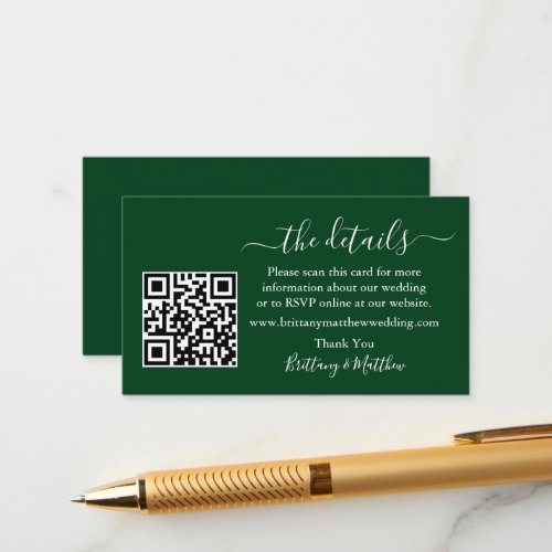 Calligraphy Wedding Details Website QR Green Enclosure Card