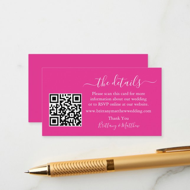 Calligraphy Wedding Details Website QR Hot Pink Enclosure Card (Front/Back In Situ)
