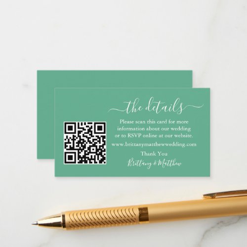 Calligraphy Wedding Details Website QR Mint Green Enclosure Card