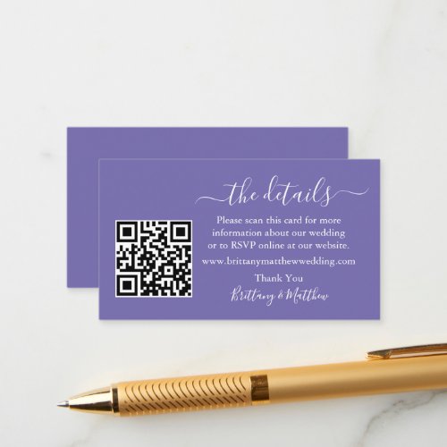 Calligraphy Wedding Details Website QR Periwinkle Enclosure Card