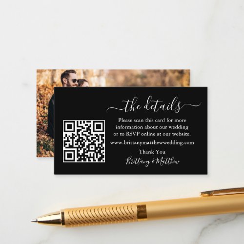 Calligraphy Wedding Details Website QR Photo Black Enclosure Card