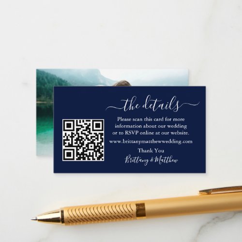 Calligraphy Wedding Details Website QR Photo Blue Enclosure Card