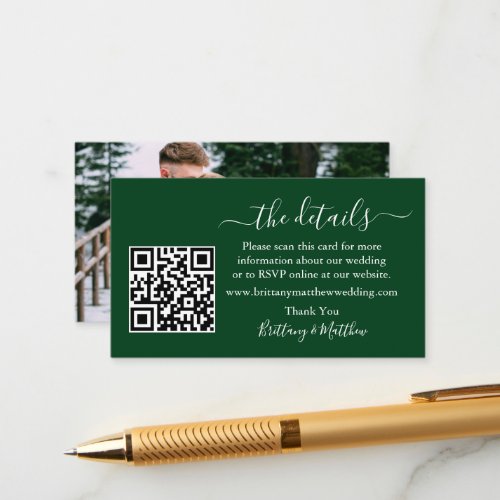 Calligraphy Wedding Details Website QR Photo Green Enclosure Card