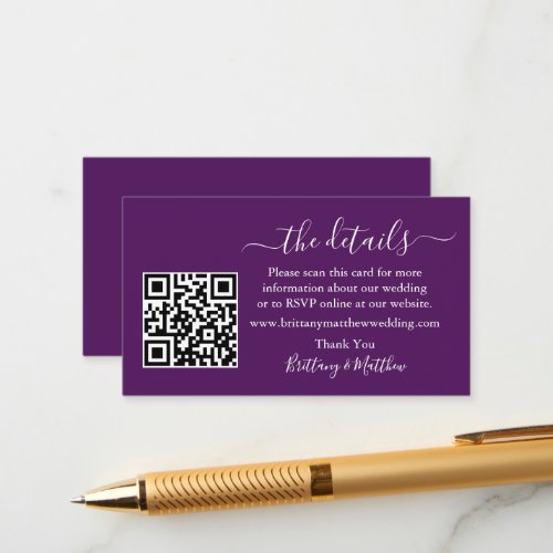 Calligraphy Wedding Details Website QR Purple Enclosure Card