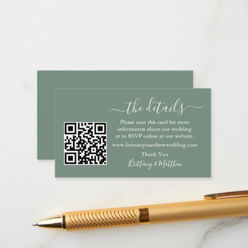 Calligraphy Wedding Details Website QR Sage Green Enclosure Card