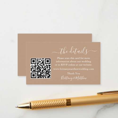 Calligraphy Wedding Details Website QR Taupe Enclosure Card