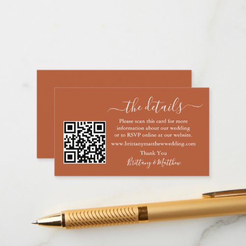 Calligraphy Wedding Details Website QR Terracotta Enclosure Card