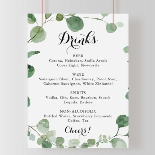 Calligraphy Wedding Drinks Menu Eucalyptus Sign