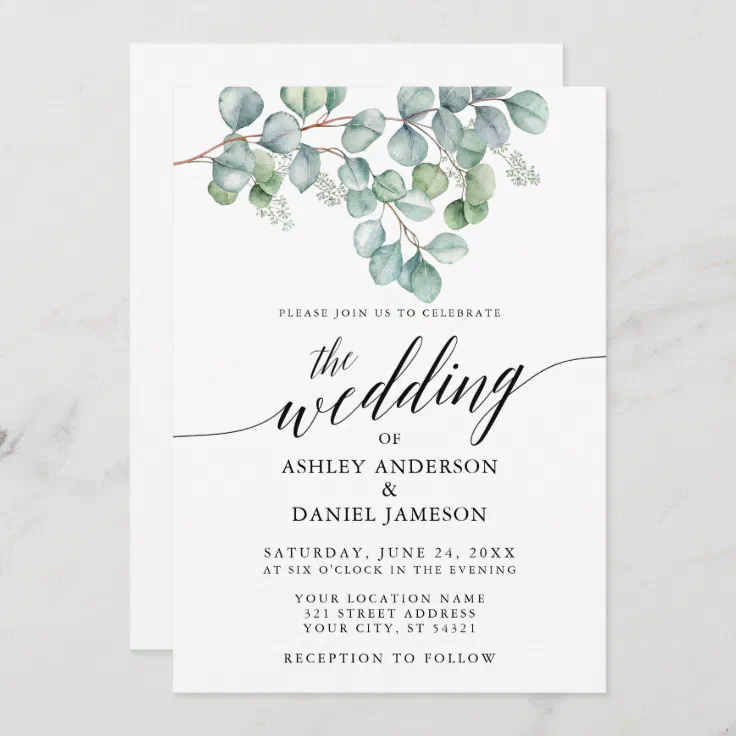 Calligraphy Wedding Eucalyptus Greenery Photo Invitation | Zazzle