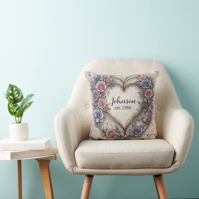 Calligraphy Wedding Heart And Roses Throw Pillow (Chair)