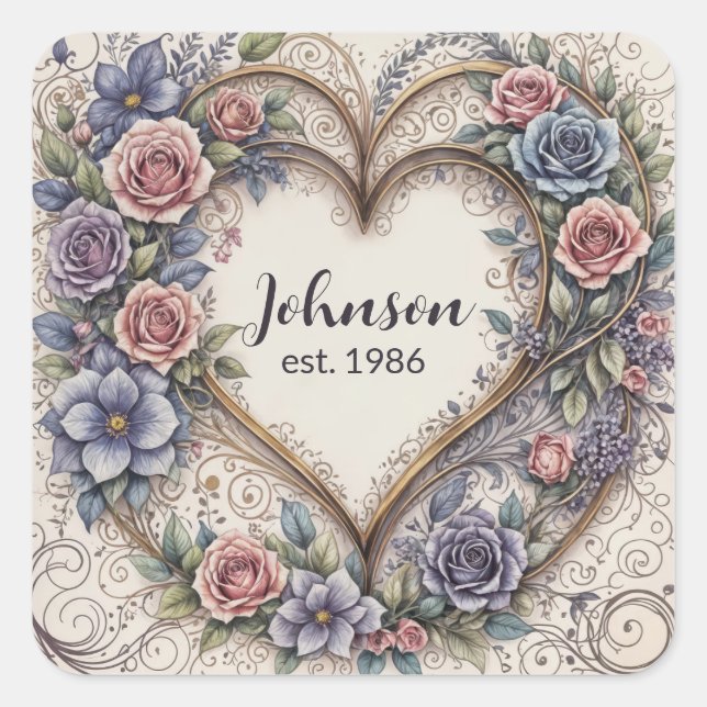Calligraphy Wedding Heart Square Sticker (Front)