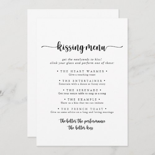 Calligraphy Wedding Kissing Menu Game Card