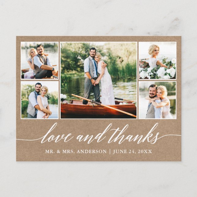 Calligraphy Wedding Kraft 5 Photo Love Thanks Postcard (Front)