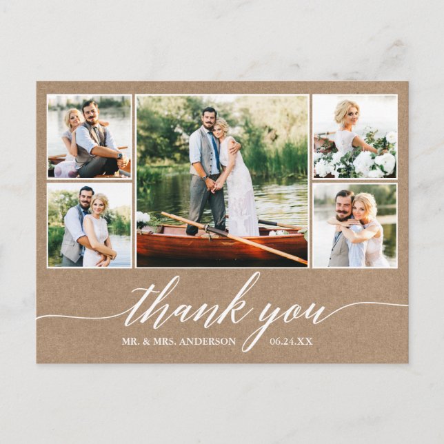 Calligraphy Wedding Kraft 5 Photo Thank You Postcard (Front)