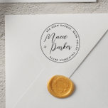 Calligraphy Wedding Names & Round Return Address Self-inking Stamp<br><div class="desc">Couple's names self-inking rubber stamps. Wedding return address rubber stamps featuring a circular border and chic typography. The couple's names appear in stylish script calligraphy lettering to the left-hand side of the border. Around the inside of the circle frame, your address or contact details are written in curved text in...</div>