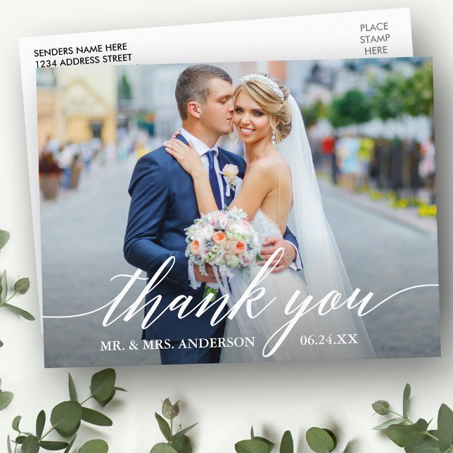 Calligraphy Wedding Photo Bride Groom Thank You W Postcard (Customize to change your personalized text size or text style.)