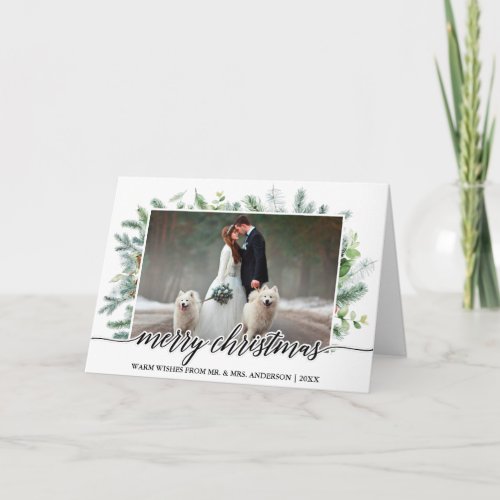 Calligraphy Wedding Photo Christmas Pine Greenery Holiday Card