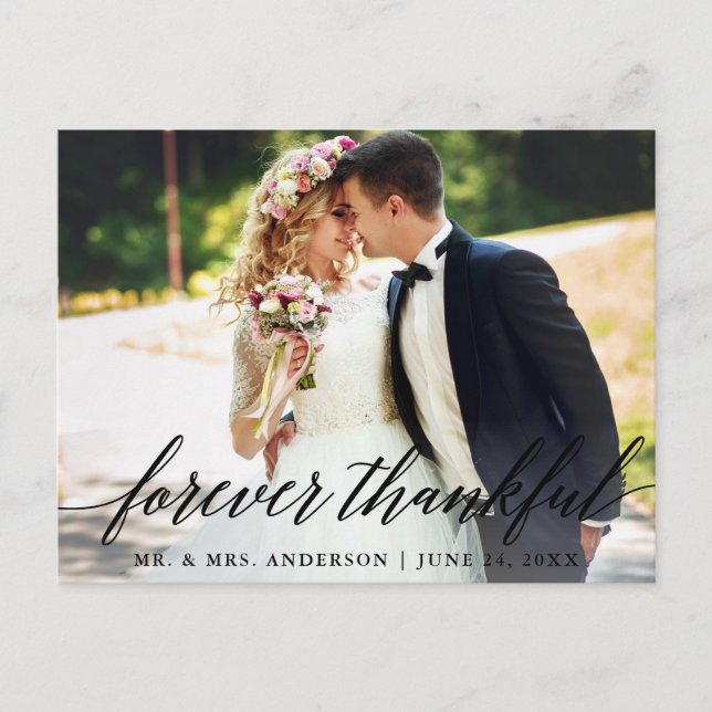 Calligraphy Wedding Photo Forever Thankful Postcard (Front)