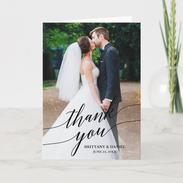 Calligraphy Wedding Photo Overlay Folded Thank You Card (Front)