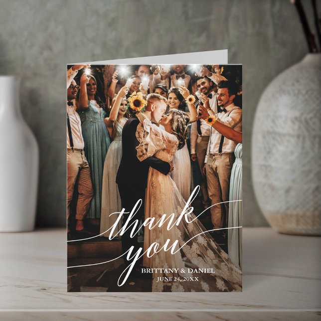 Calligraphy Wedding Photo Script Overlay Note Letterpress Thank You Card (Customize to add text or more photos inside of card.)