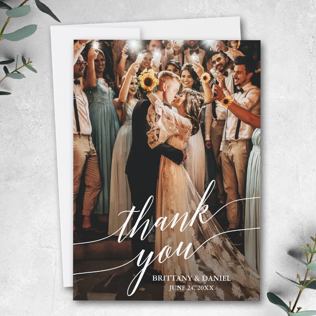 Calligraphy Wedding Photo Script Overlay Thank You Card (Customize to add text or more photos to back of card.)