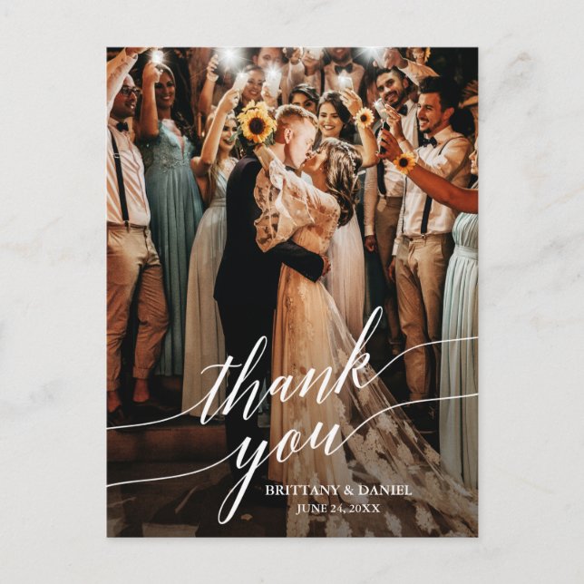 Calligraphy Wedding Photo Script Overlay Thank You Postcard (Front)
