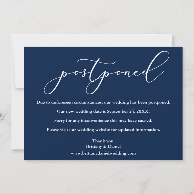 Calligraphy Wedding Postponed Navy Blue Card (Front)