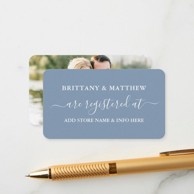 Calligraphy Wedding Registry Photo Dusty Blue Enclosure Card (Front/Back In Situ)