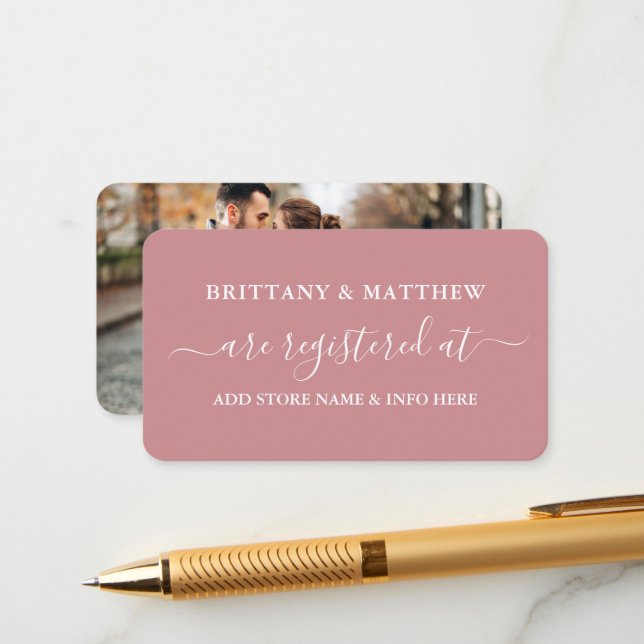Calligraphy Wedding Registry Photo Dusty Rose Enclosure Card (Front/Back In Situ)