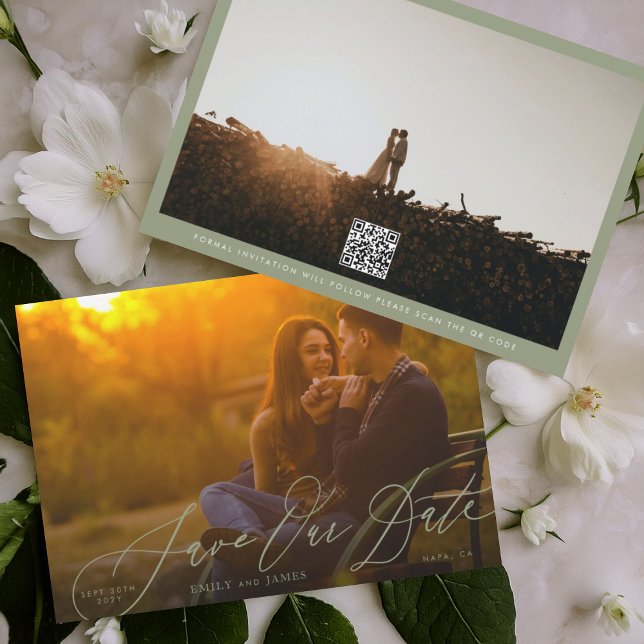 Calligraphy Wedding Sage Green QR Code Photo Save The Date (Creator Uploaded)