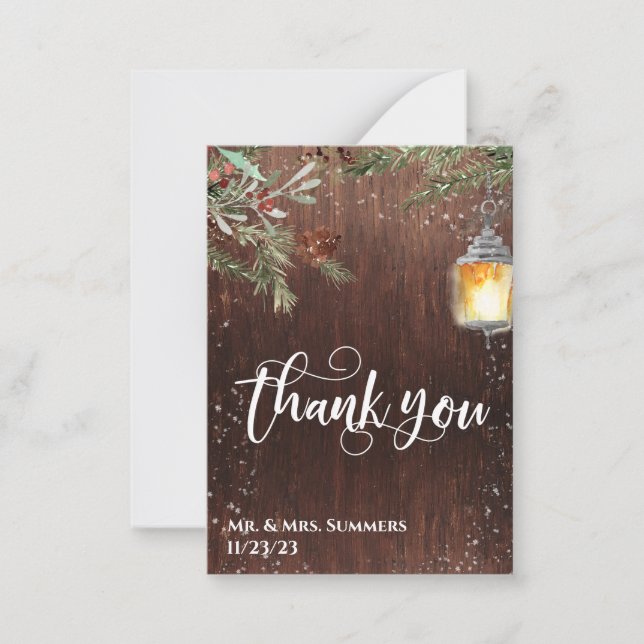 Calligraphy Wedding Thank You Winter Christmas Note Card (Front)