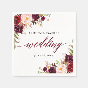 Calligraphy Wedding Watercolor Burgundy Floral Napkins