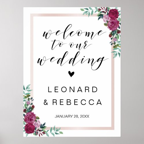 Calligraphy Welcome wedding sign roses frame