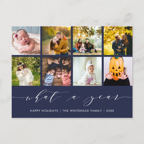 Calligraphy What a Year Navy Blue Photo Collage Holiday Postcard