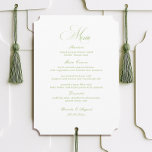 Calligraphy White and Sage Green Wedding Menu Card<br><div class="desc">This personalized calligraphy wedding menu card adds a timeless touch to your reception tables, perfect for elegant celebrations and romantic décor. Designed to match wedding menu ideas and classic wedding menu cards, it coordinates beautifully with modern wedding menus. The minimalist white layout complements a sage green wedding, green wedding theme,...</div>