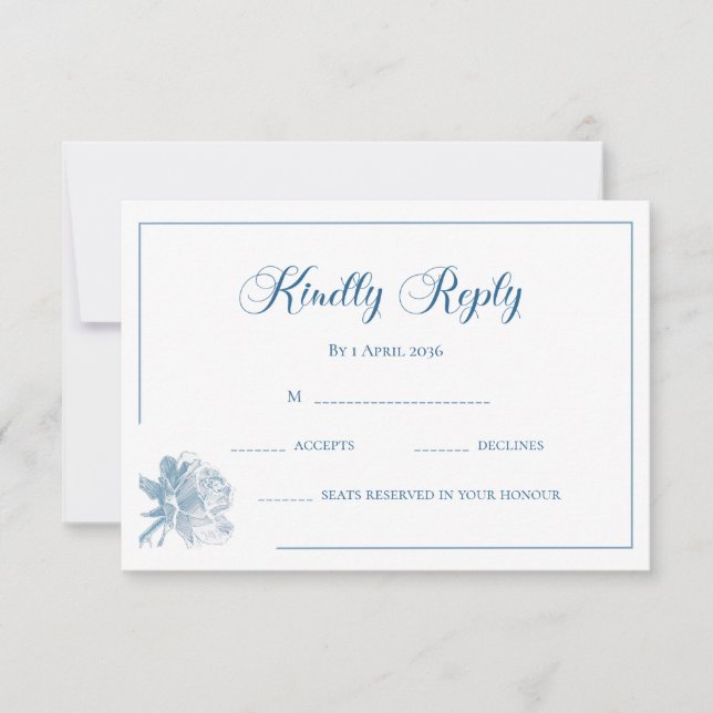 Calligraphy White Dusty Blue Floral RSVP Wedding Note Card (Front)