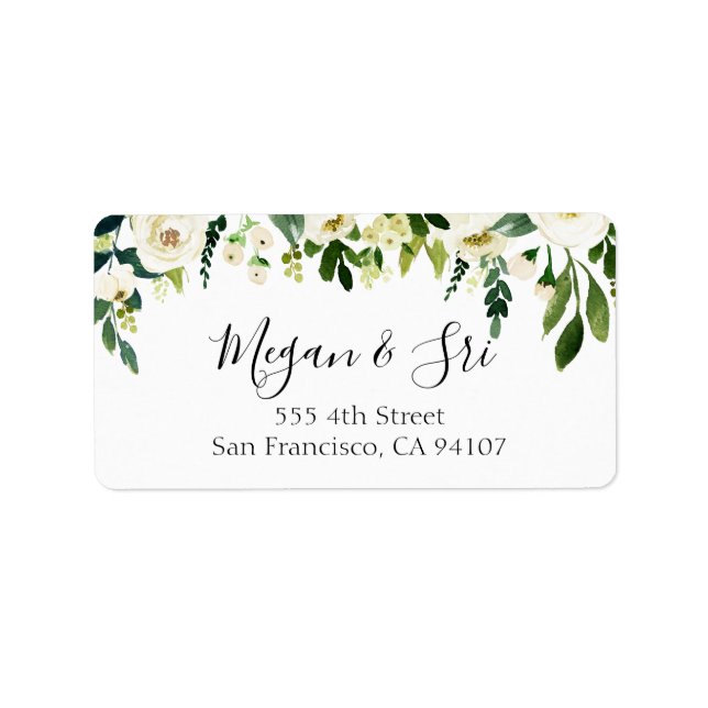 Calligraphy White Floral Greenery Wedding Label (Front)